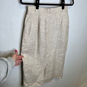 Talbots Womens Beige 100% Linen Pleated Midi Pencil Skirt Size 10 Pockets Lined